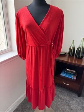 Max Studio Red Wrap Midi Dress with Tie Waist and Tiered Hem